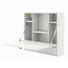 Foldable wall-mounted desk in white with six storage shelves and a drawer, perfect for small spaces and versatile use.