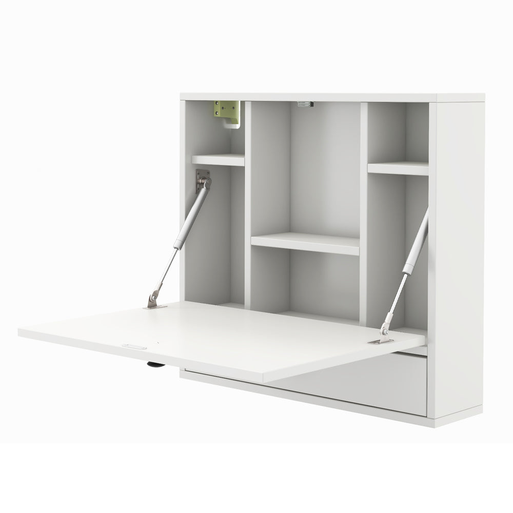 Foldable wall-mounted desk in white with six storage shelves and a drawer, perfect for small spaces and versatile use.