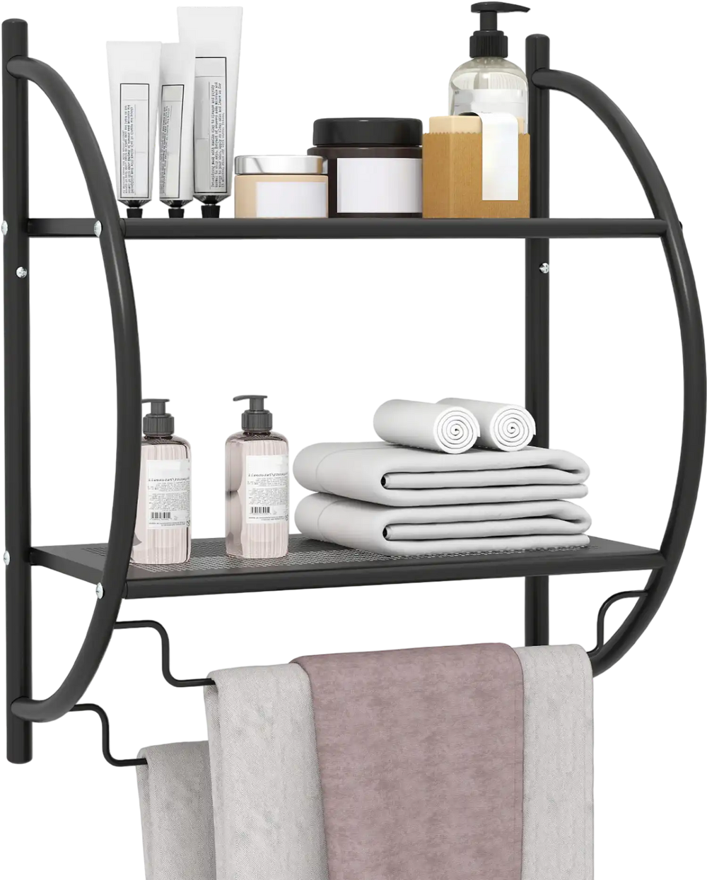 Wall-mounted 2-tier bathroom towel rack in black with mesh shelves and towel bars for organized storage and ventilation.