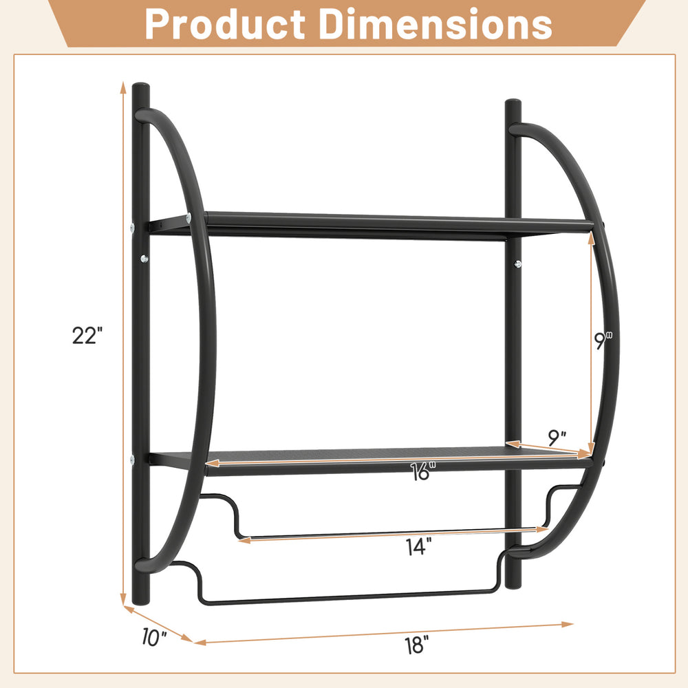 Wall-mounted 2-tier bathroom towel rack in black features mesh shelves and towel bars for organized storage.