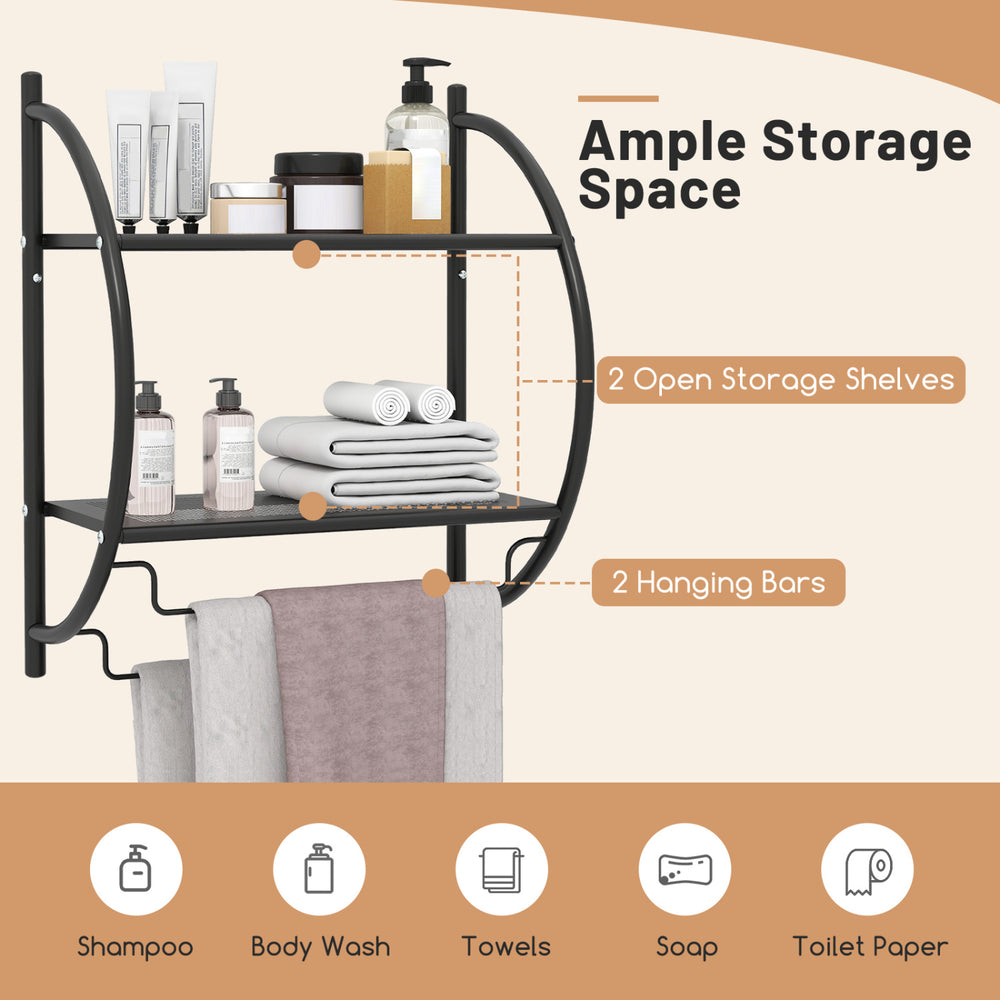 Wall-mounted 2-tier black bathroom towel rack with two towel bars and mesh shelves for organized storage and ventilation.