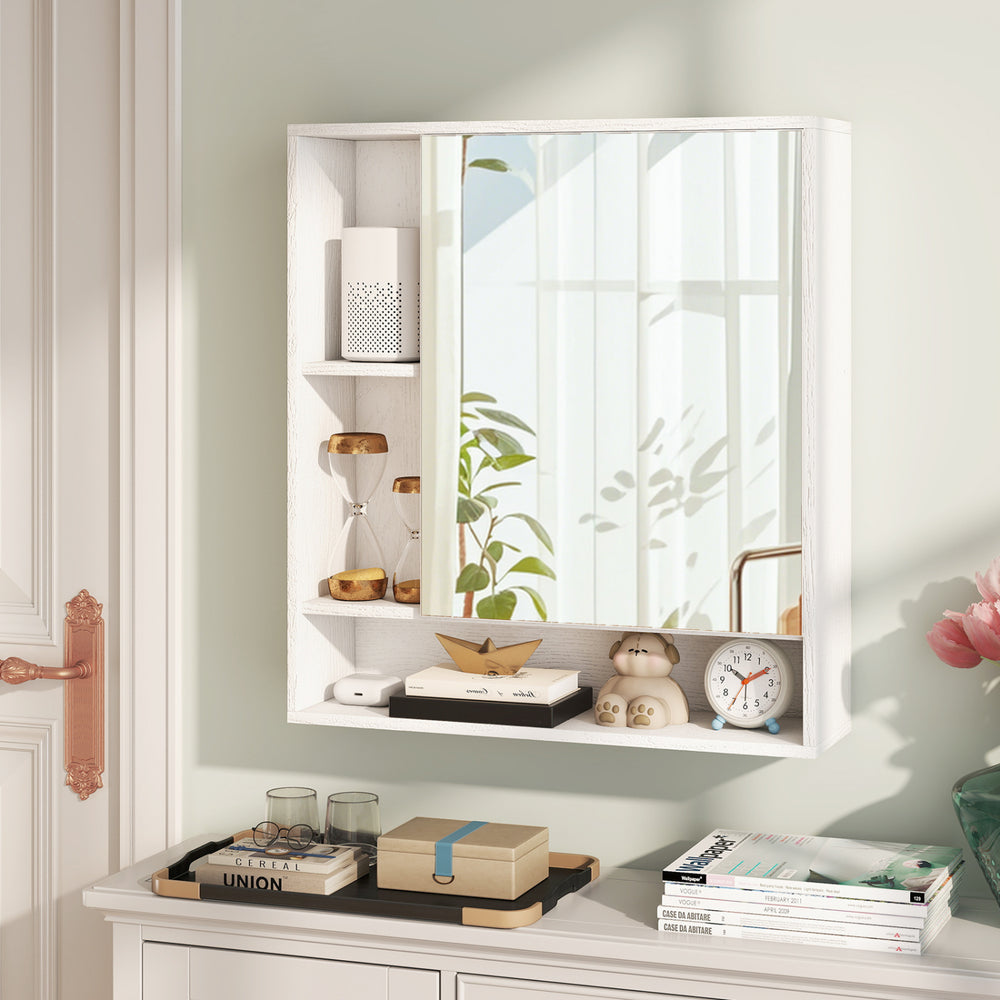 Wall mounted bathroom cabinet with mirror, white finish, featuring adjustable shelves for organized storage in small.