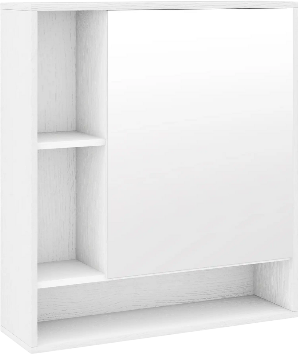 Wall mounted bathroom cabinet in white with a mirror, featuring hidden storage and adjustable shelves for organized.