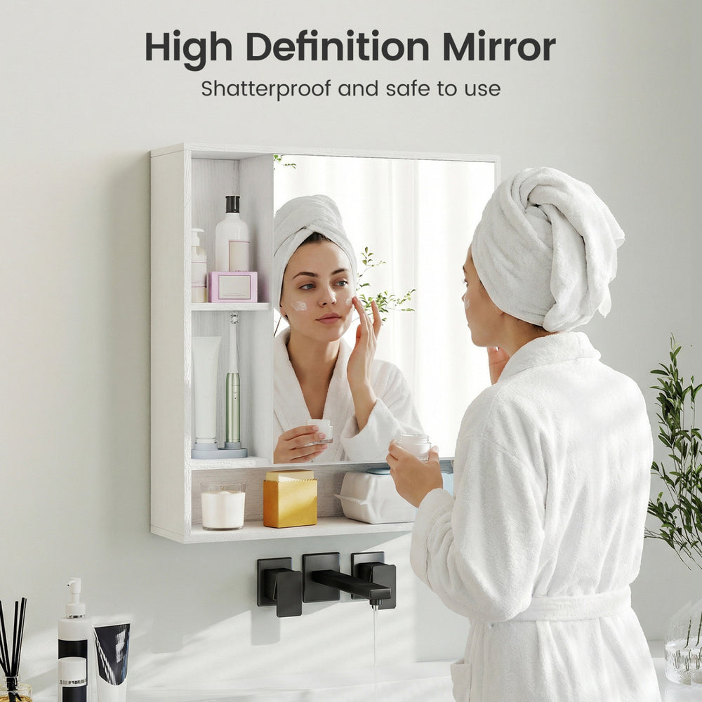 Wall-mounted bathroom cabinet with mirror, featuring adjustable shelves and a modern design for organized storage.