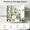 Wall-mounted white bathroom cabinet with mirror, featuring enclosed cabinet, adjustable shelves, and open storage for.