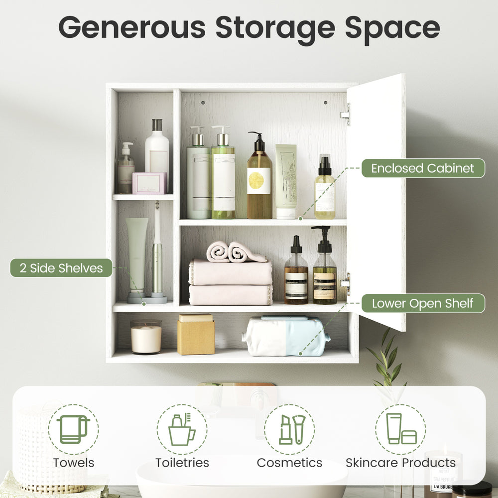 Wall-mounted white bathroom cabinet with mirror, featuring enclosed cabinet, adjustable shelves, and open storage for.