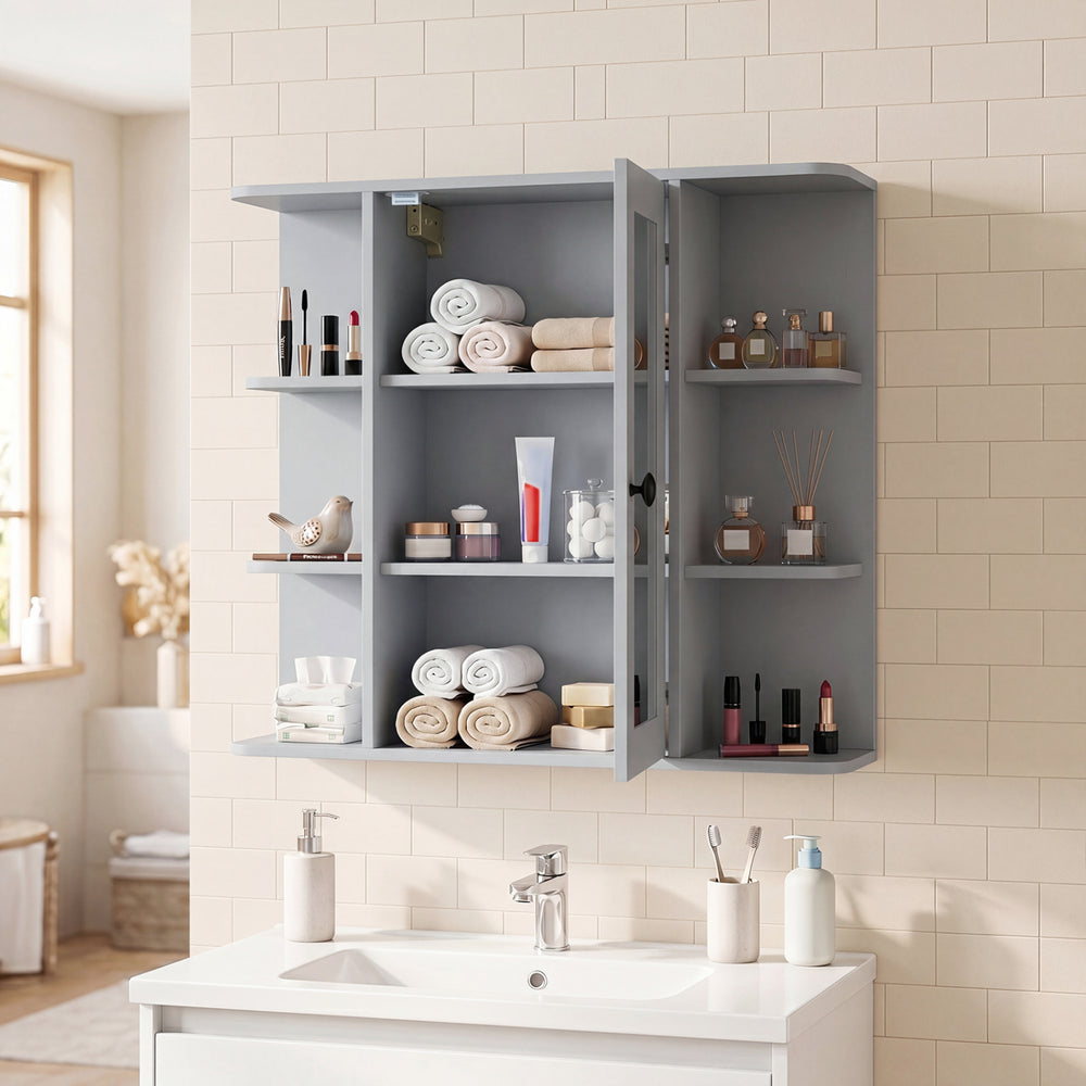 Wall-mounted gray bathroom medicine cabinet featuring a mirrored door, 3 compartments, and 6 open shelves for organization.