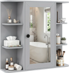 Wall-mounted gray bathroom medicine cabinet with mirror, 3 compartments, and 6 open shelves for organized storage.