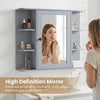 Wall-mounted gray bathroom medicine cabinet with mirror and shelves, featuring three compartments for organized essentials.