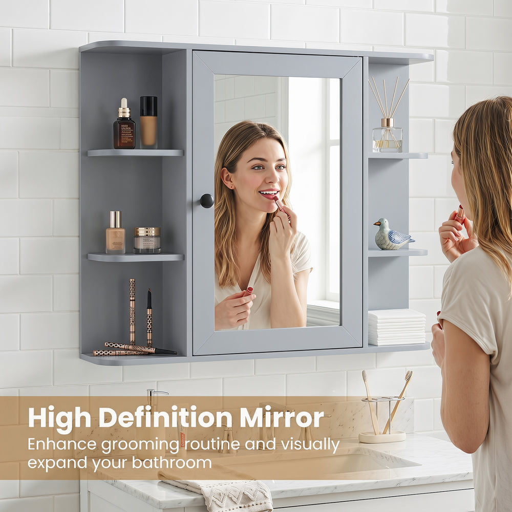 Wall-mounted gray bathroom medicine cabinet with mirror and shelves, featuring three compartments for organized essentials.