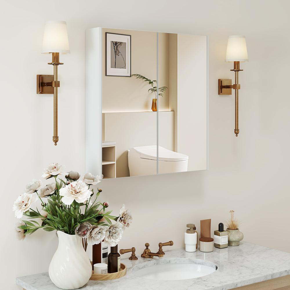 Double door bathroom wall cabinet with mirror, adjustable shelf, and modern design, ideal for small spaces.