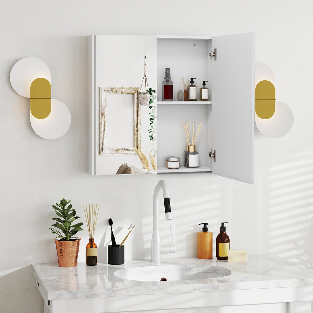 Double door bathroom wall cabinet with mirror, adjustable shelf, and modern design, perfect for optimizing small spaces.