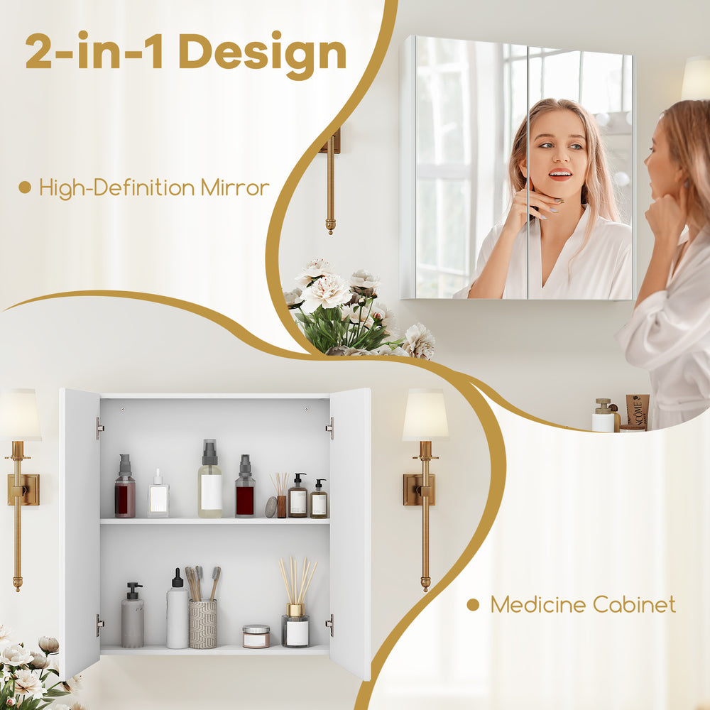 Double door bathroom wall cabinet with mirror, adjustable shelf, and soft close hinges for stylish storage and.