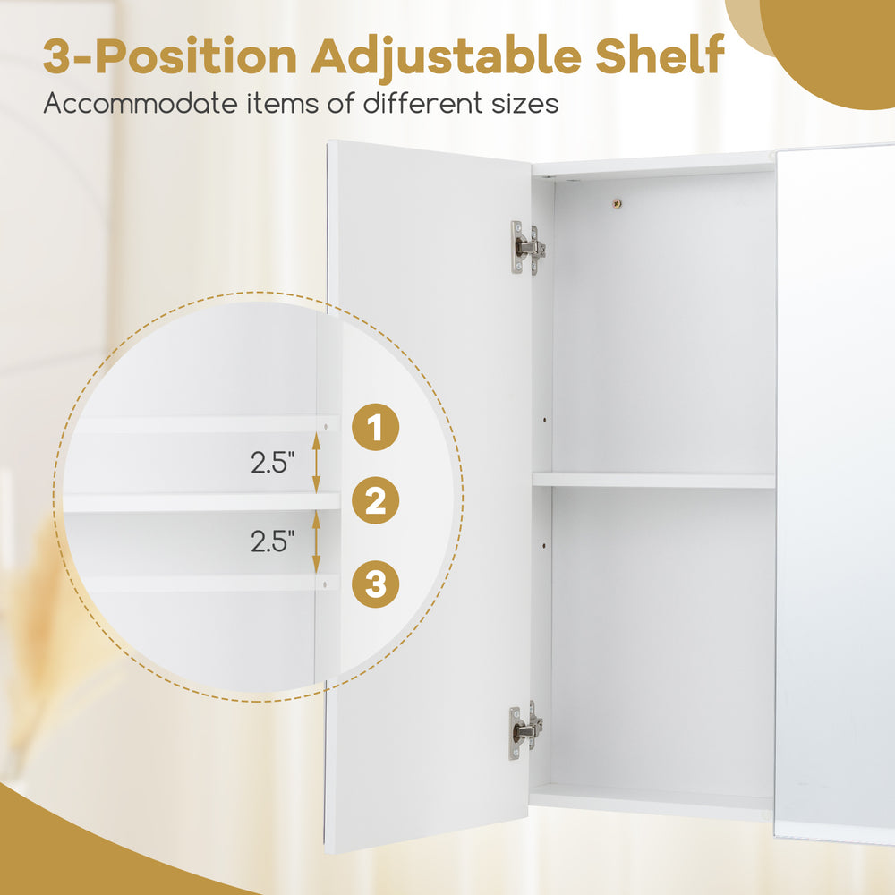 Adjustable shelf in the double door bathroom wall cabinet, featuring three height positions for versatile storage.