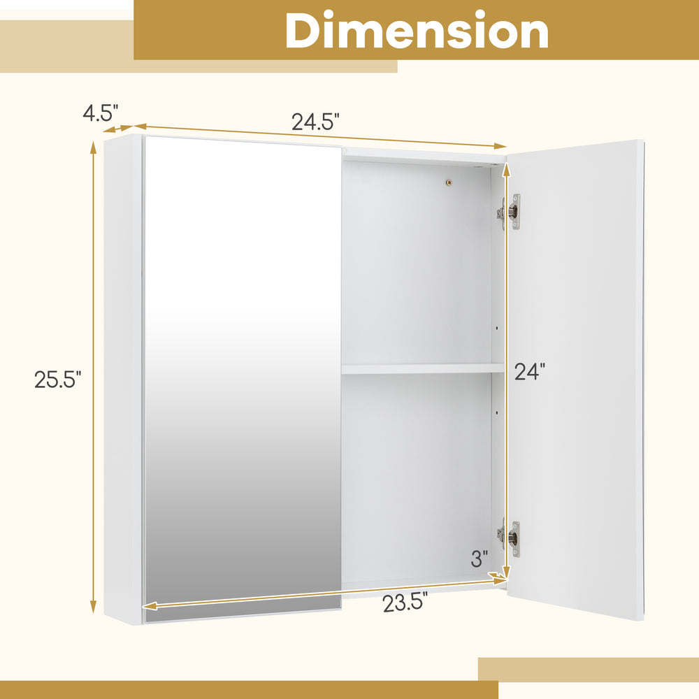 Double door bathroom wall cabinet with mirror, adjustable shelf, and soft close hinges, ideal for small spaces.