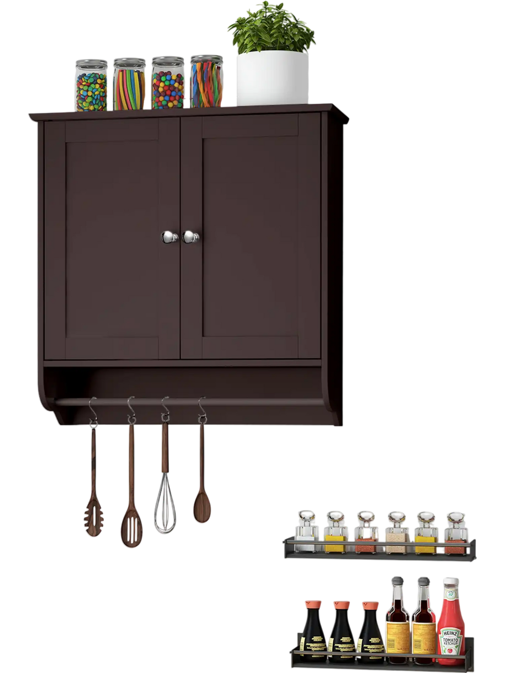 Wall-mounted brown bathroom storage cabinet with adjustable shelves and practical towel bar for efficient organization.