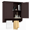 Wall mounted brown medicine cabinet with adjustable shelves and practical towel bar for efficient bathroom storage.