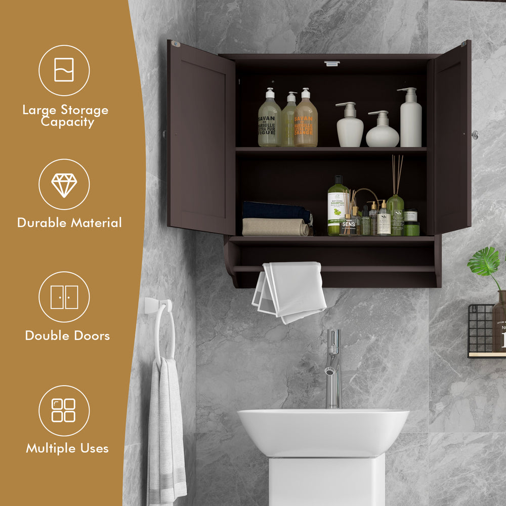 Wall-mounted brown medicine cabinet with double doors, large storage capacity, and practical towel bar for bathroom.