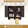 Wall mounted brown bathroom storage cabinet with adjustable shelves and towel bar, ideal for organizing cosmetics and.