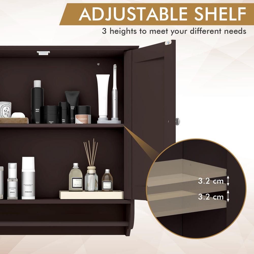 Adjustable shelf in brown wall-mounted bathroom cabinet, featuring three height options for versatile storage needs.