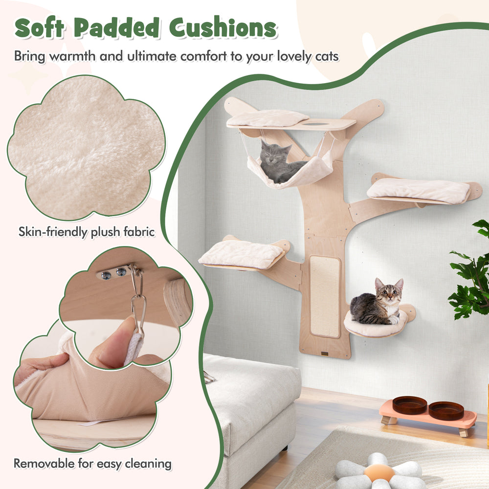 Wall-mounted cat tower featuring soft padded cushions, hammock, and sisal scratching mat for comfortable play and rest.