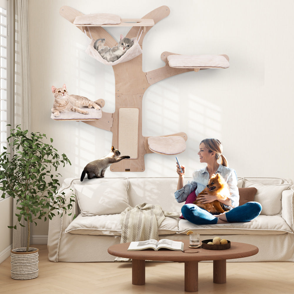 Wall-mounted cat tower featuring 4 padded platforms and a hammock for comfortable play and relaxation in natural wood.