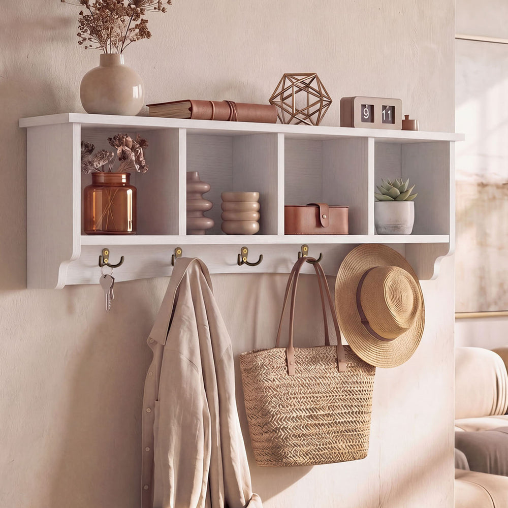 Close-up view of the wooden shelf on a wall-mounted coat rack, featuring 4 cubbies and 5 double hooks for stylish.