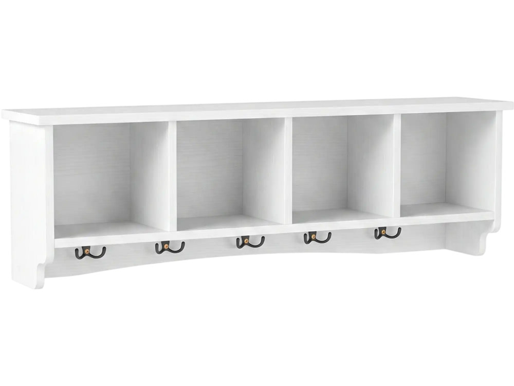 Wall-mounted coat rack in white with 4 cubbies and 5 double hooks, perfect for organizing entryways and saving space.