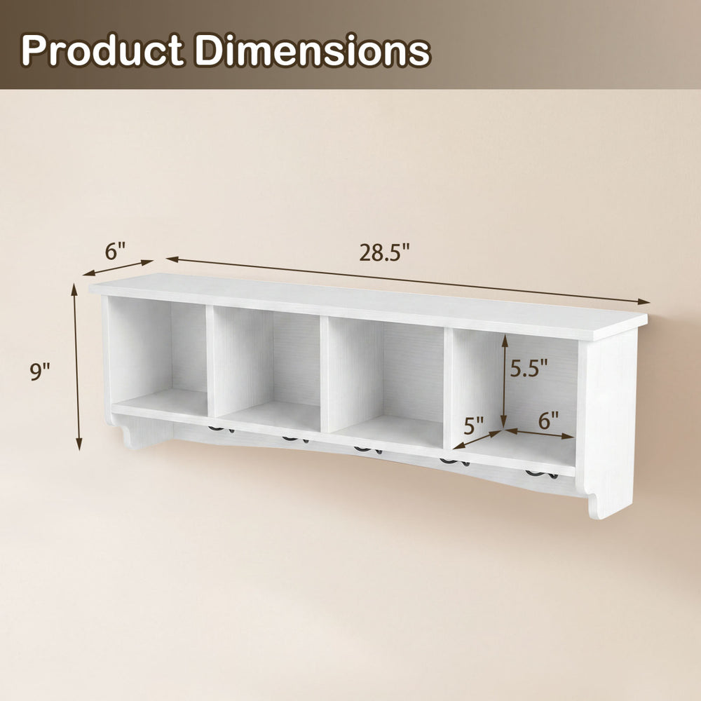 Wall-mounted coat rack with 4 cubbies and 5 double hooks, measuring 28.5" wide, ideal for entryways and storage.