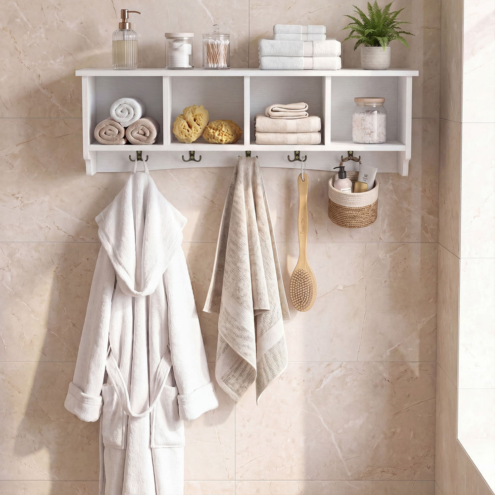 Wall-mounted coat rack in white with 4 cubbies and 5 double hooks, perfect for organizing entryways and bathrooms.