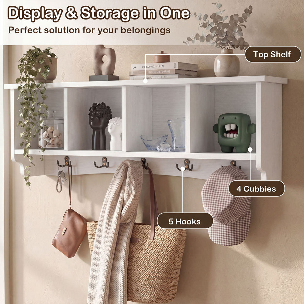 Wall-mounted coat rack in white featuring 4 cubbies and 5 double hooks, perfect for organizing entryways and mudrooms.