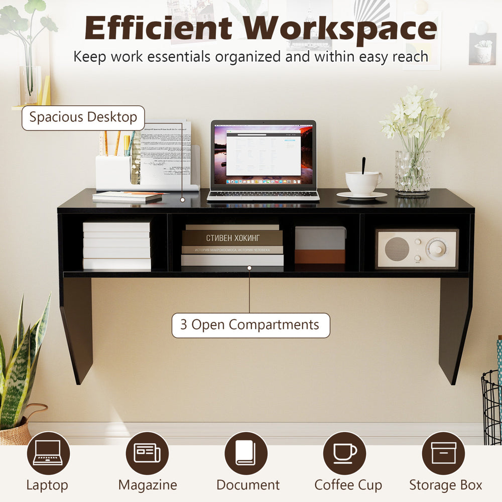 Wall-mounted black computer desk with spacious 41.5" x 21" surface and 3 open storage compartments for organized.