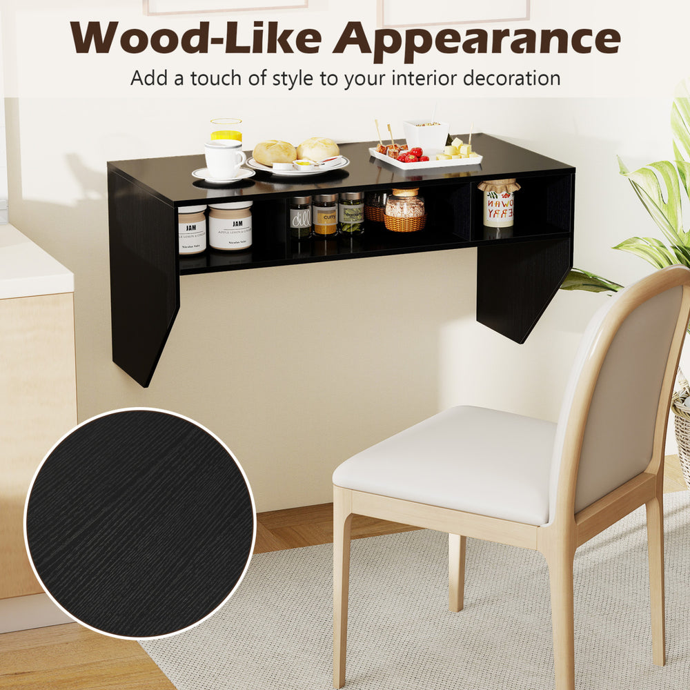 Wall-mounted black computer desk with 3 storage compartments, featuring a wood-like appearance for modern interior.