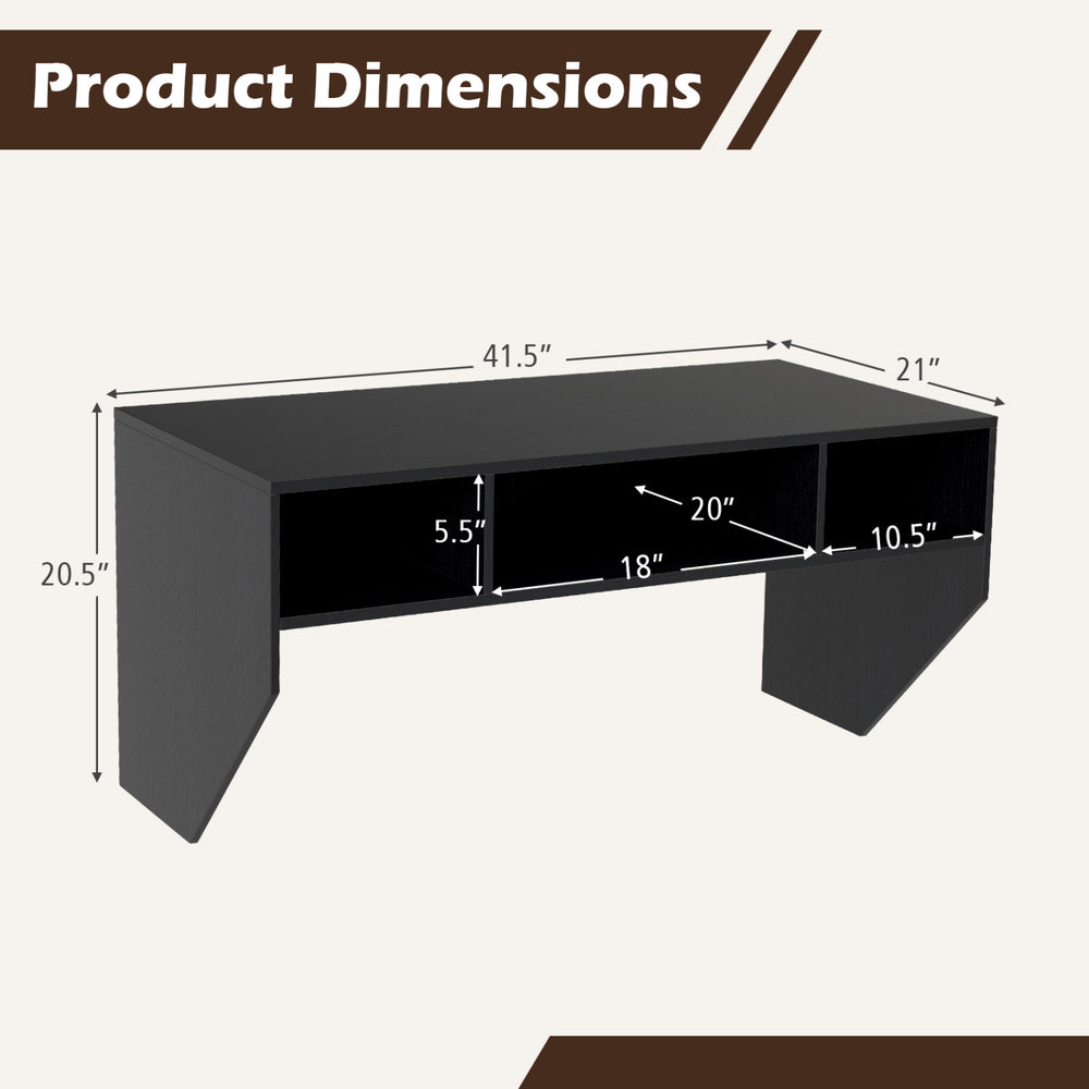 Wall-mounted black computer desk with dimensions 41.5" x 21", featuring 3 storage compartments for organization.