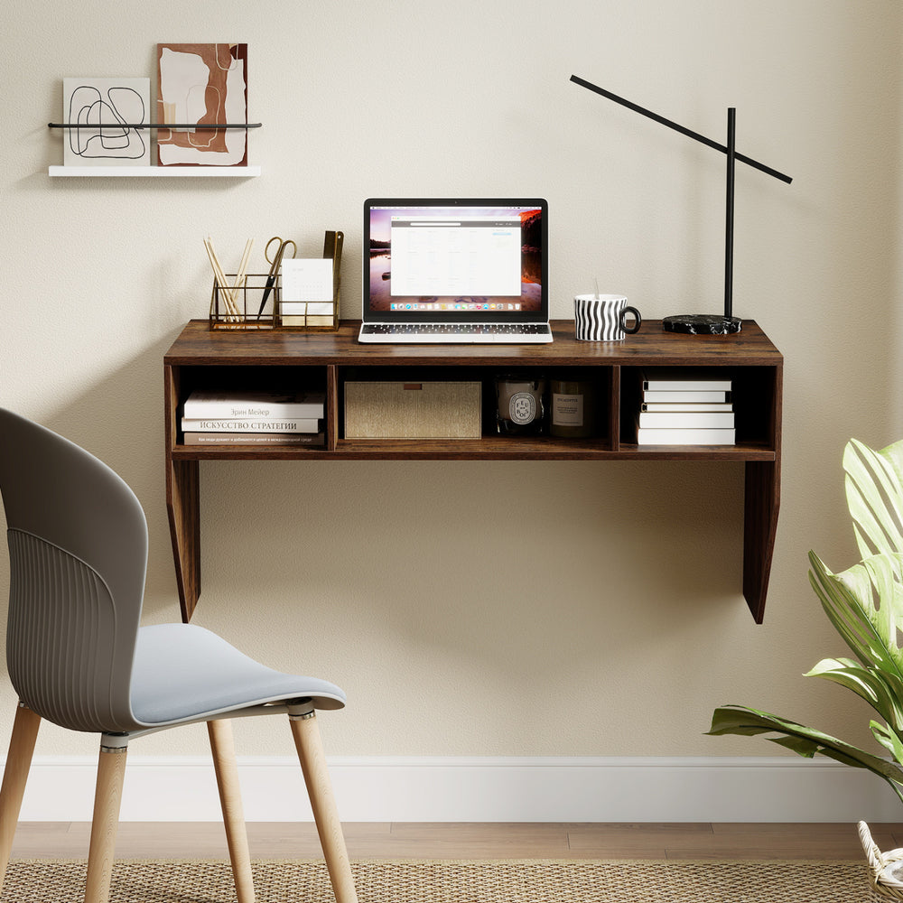 Wall-Mounted Computer Desk Floating Laptop Desk with 3 Storage Compartments-Rustic Brown - Gallery View 1 of 11