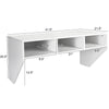 Wall-mounted floating desk in white showing dimensions, featuring three storage compartments and a modern design for.