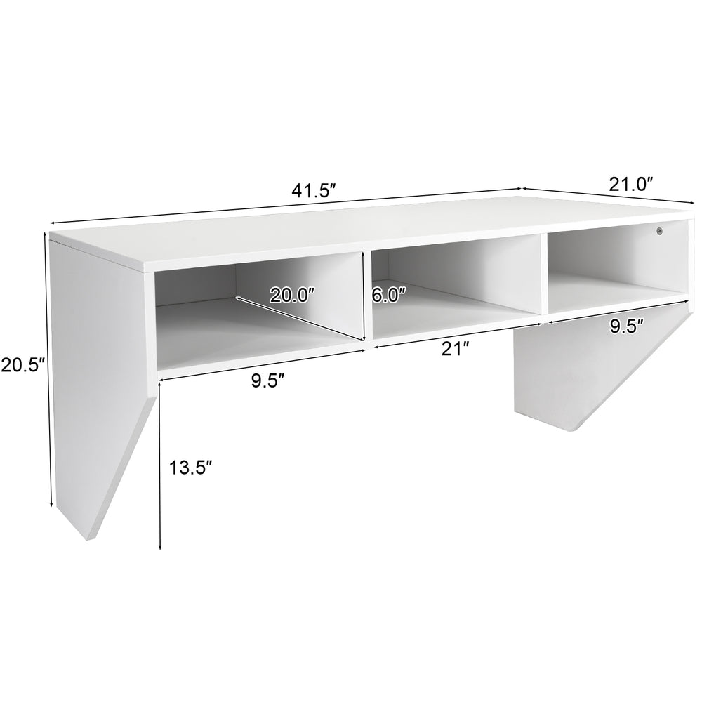 Wall-mounted floating desk in white showing dimensions, featuring three storage compartments and a modern design for.