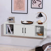 Floating wall-mounted desk hutch in white showcasing a sleek design with a wide tabletop and convenient metal handles.