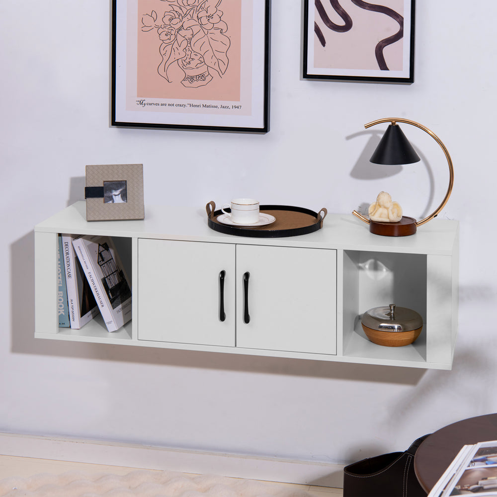 Wall Mounted Floating 2 Door Desk Hutch Storage Shelves-White - Gallery View 1 of 8