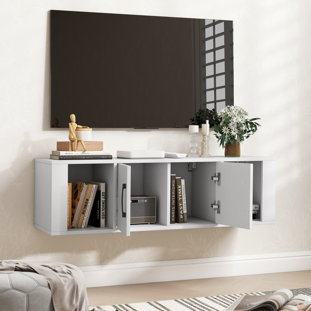 Wall-mounted white storage cabinet with 2 doors and open compartments, ideal for media storage and space-saving.