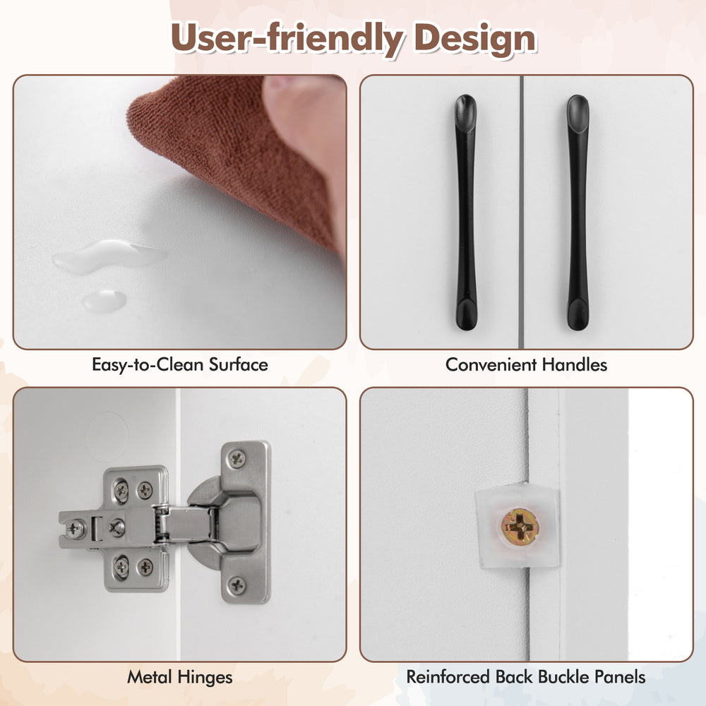 User-friendly design of the wall-mounted floating desk hutch features easy-to-clean surface and convenient handles.