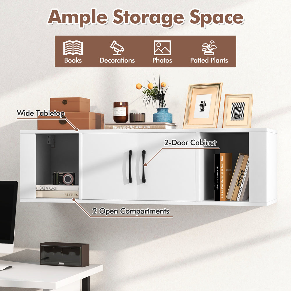 Wall-mounted floating desk hutch in white with wide tabletop, 2 open compartments, and 2-door cabinet for storage.