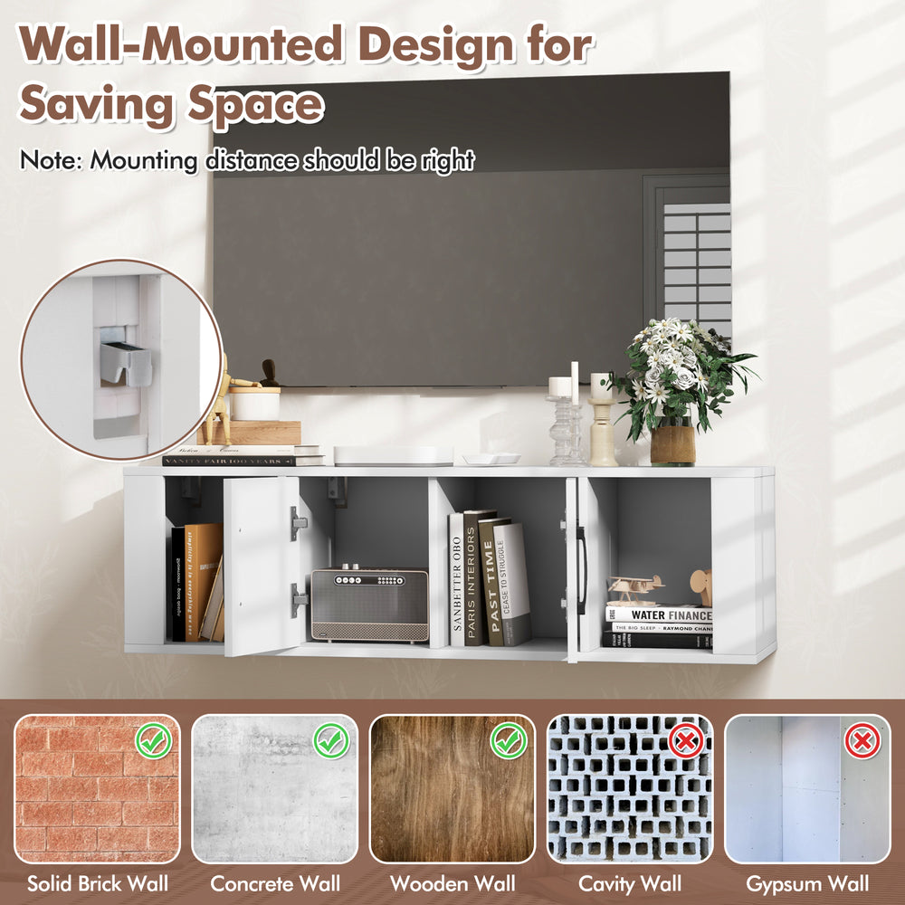 Wall-mounted white storage hutch with two doors and open compartments, ideal for saving space and displaying items.