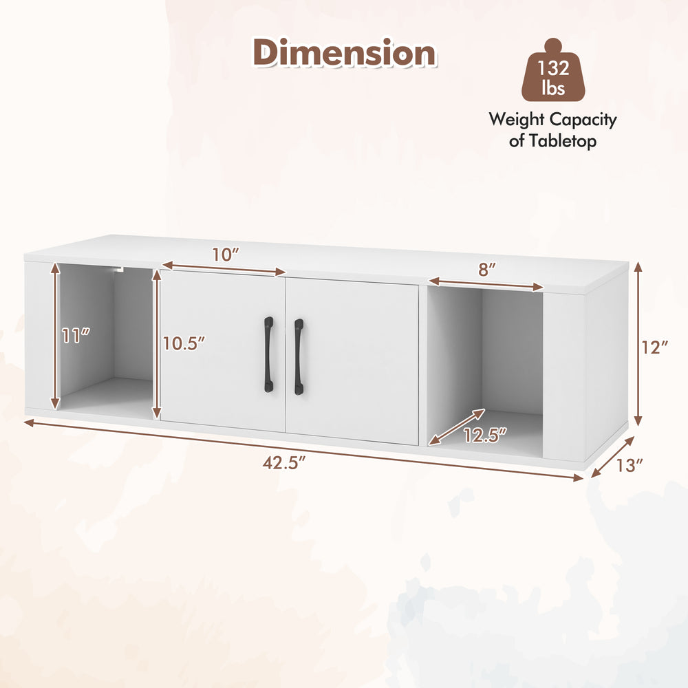 Wall-mounted floating desk hutch in white with 2 doors, open compartments, and a wide tabletop for elegant storage.