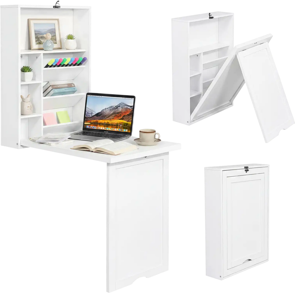 Wall-mounted fold-out convertible desk in white features ample storage and a wide tabletop for versatile use.