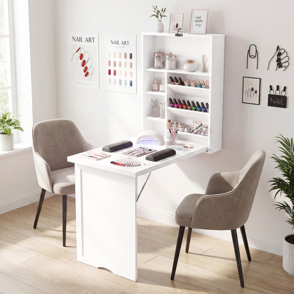 Wall-mounted fold-out convertible desk in white with ample storage, perfect for home offices or small spaces.