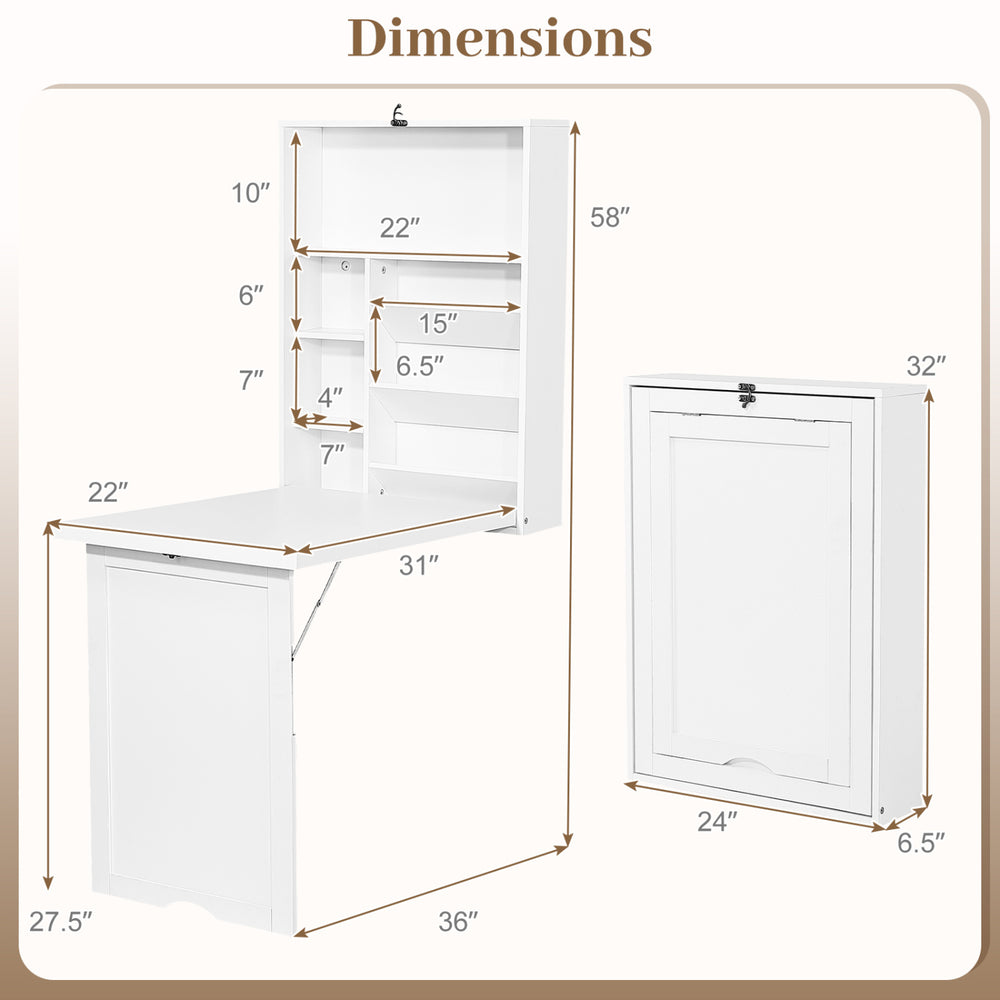 Dimensions of the wall-mounted fold-out convertible floating desk in white, showcasing its space-saving design and storage features.