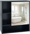 Wall-mounted mirror cabinet in black with an elegant wood grain finish, ideal for maximizing vertical bathroom space.