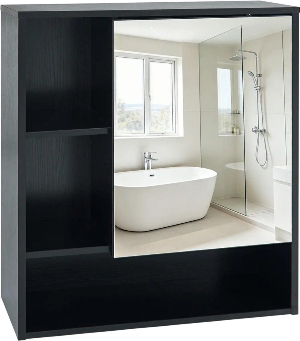 Wall-mounted mirror cabinet in black with an elegant wood grain finish, ideal for maximizing vertical bathroom space.