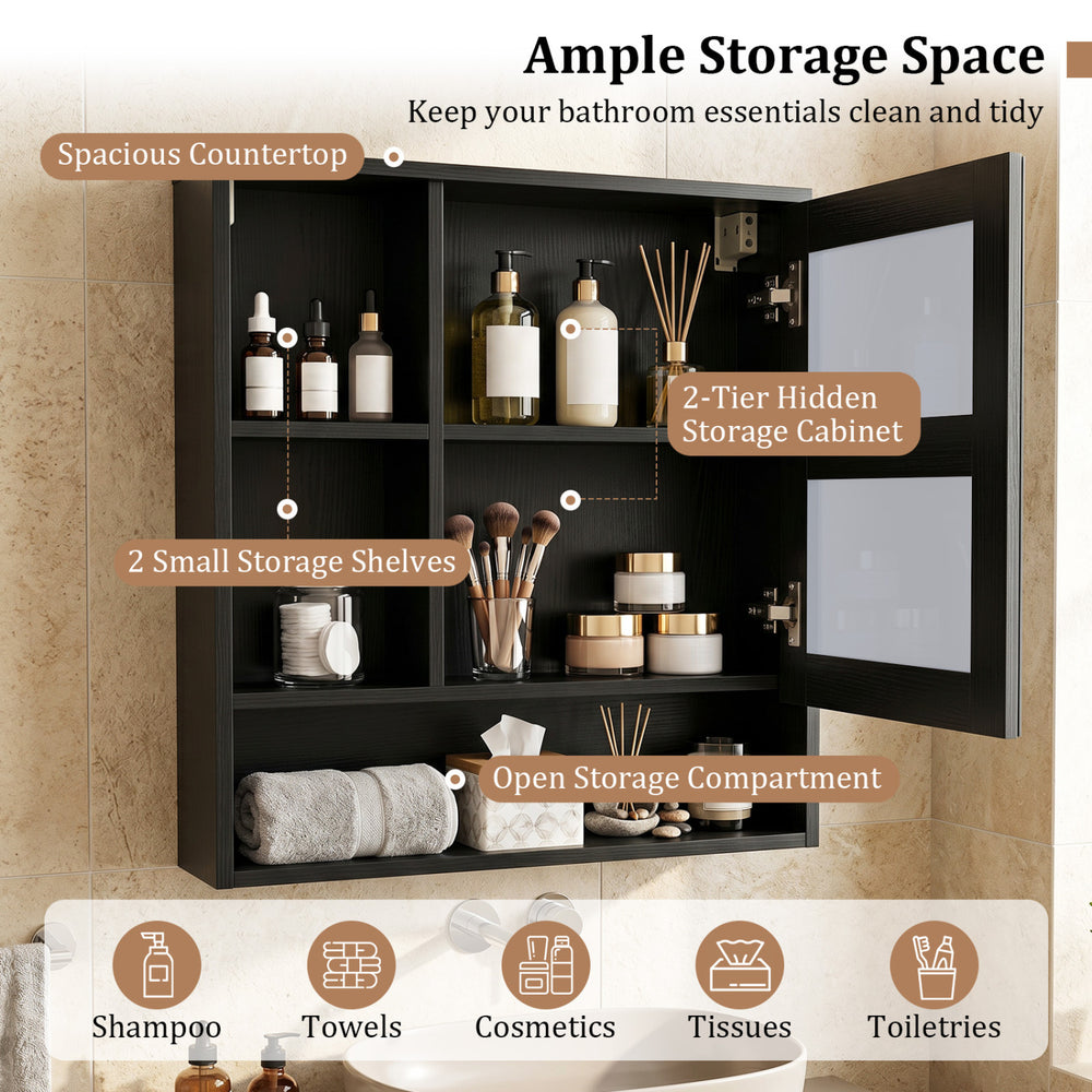 Black wall-mounted mirror cabinet with a spacious countertop and open storage compartment for easy access to bathroom essentials.